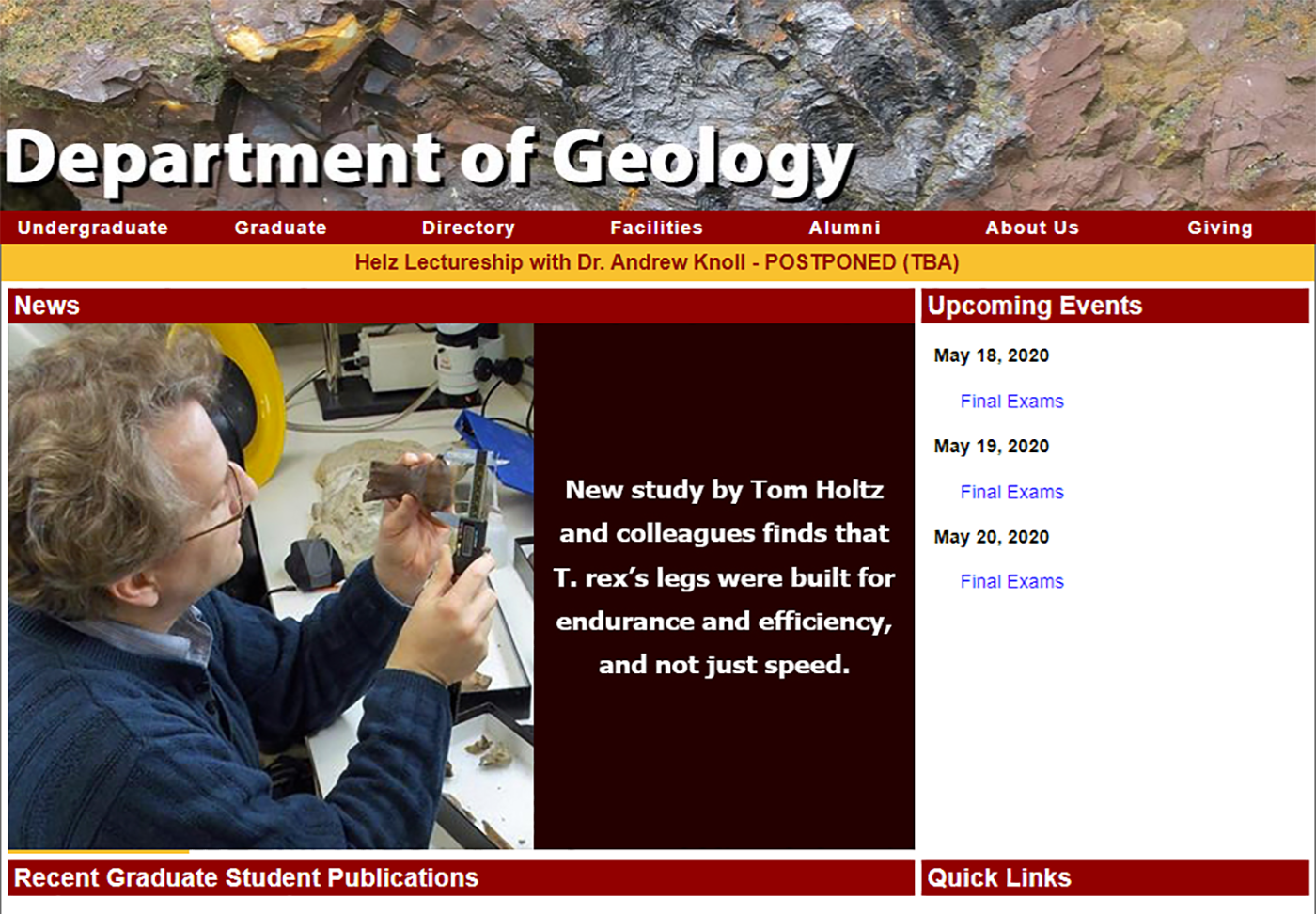 UMD Geology Webpage Screenshot